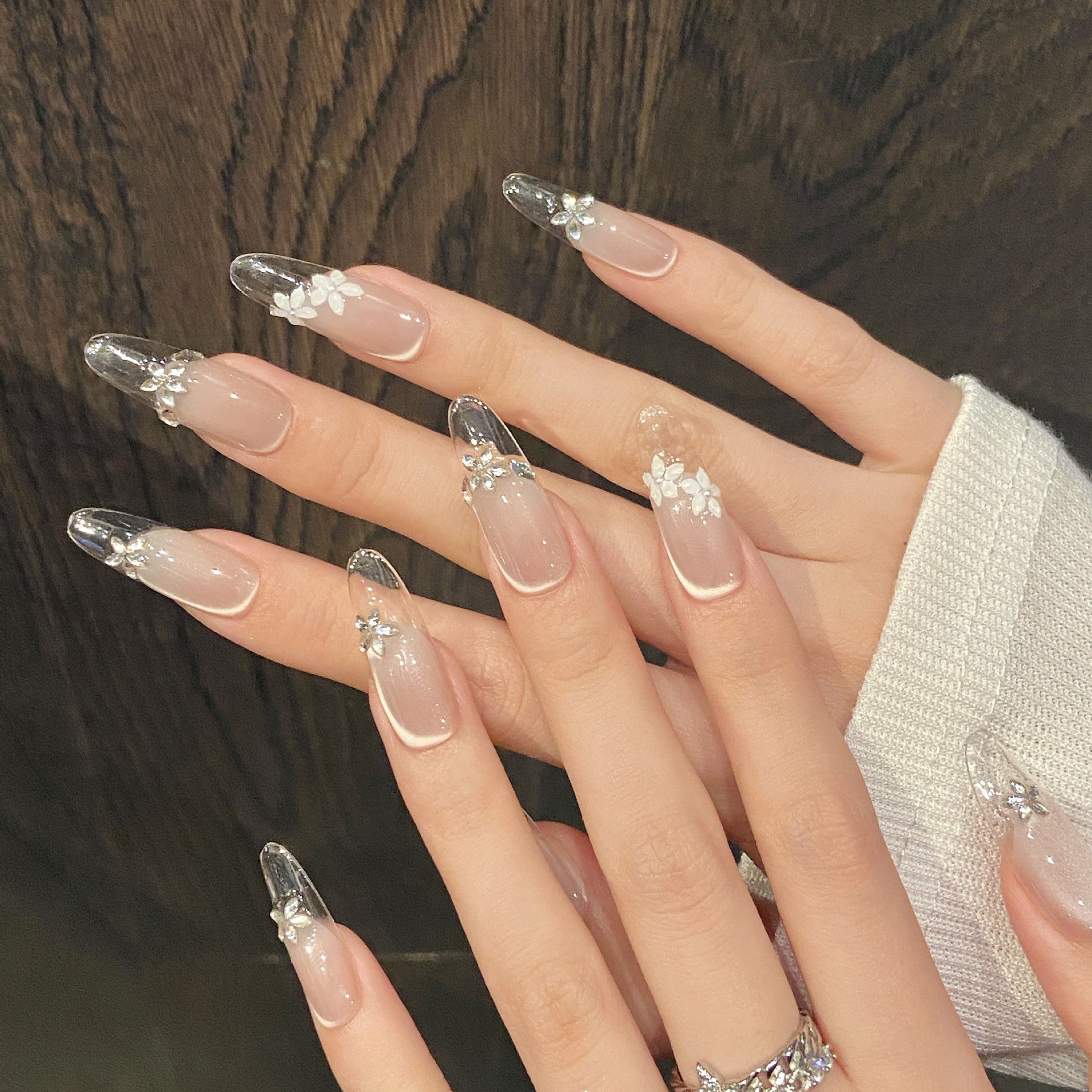 Nude Pink Crystal Flower French
