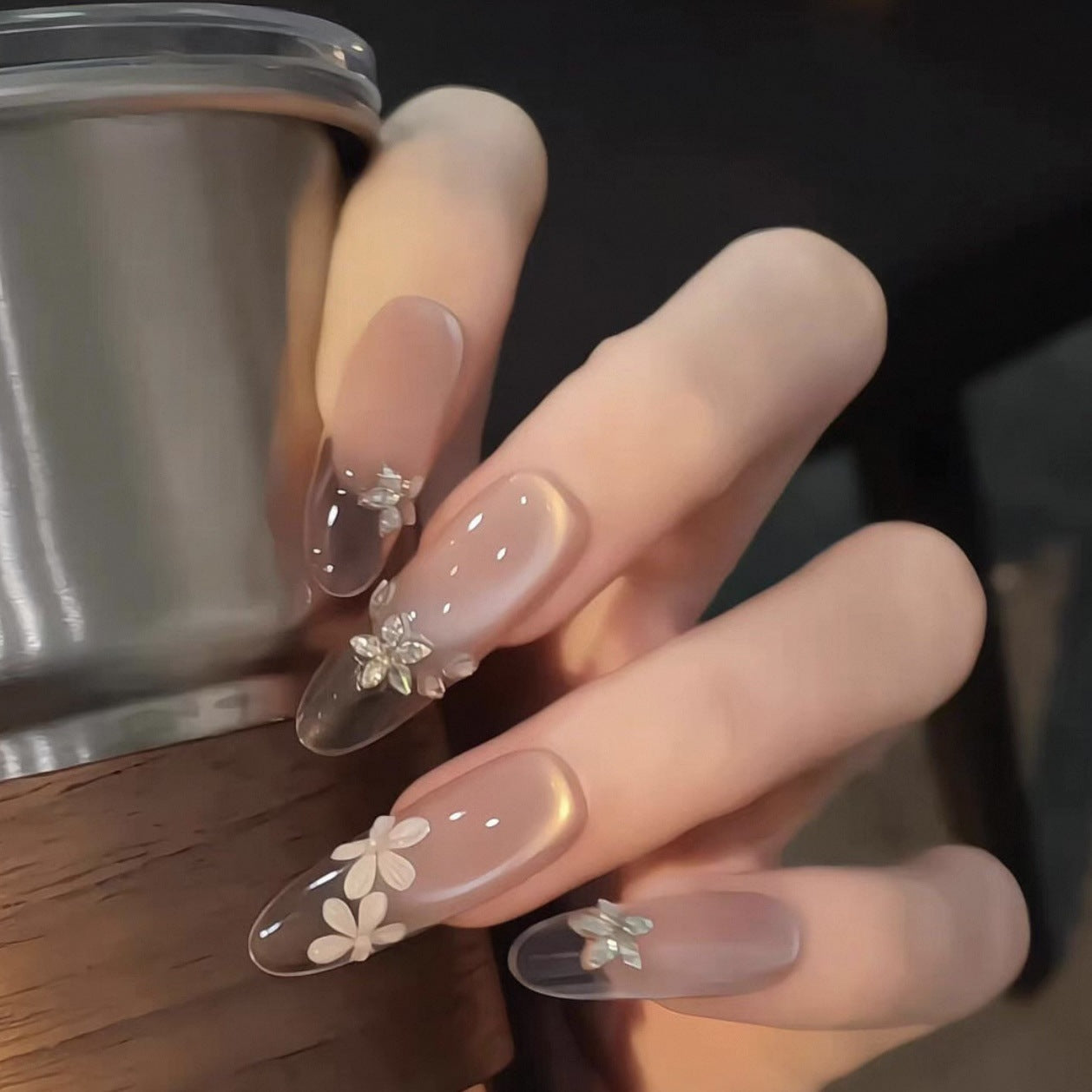 Nude Pink Crystal Flower French